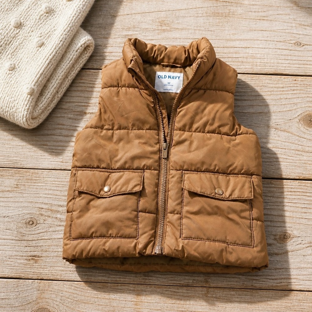 Old Navy Kids Brown Puffer Vest Water Resistant Pockets Size 3T Saddle Brown